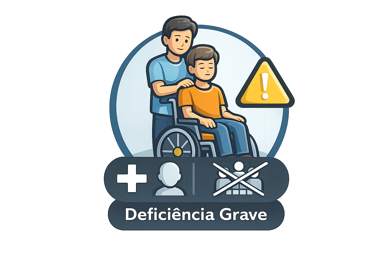 Ícone de pessoa em cadeira de rodas com cuidador, representando deficiência grave e possível direito ao BPC/LOAS